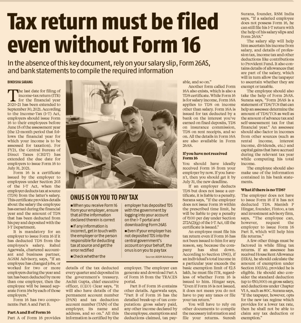 Filing Income Tax Return without form 16